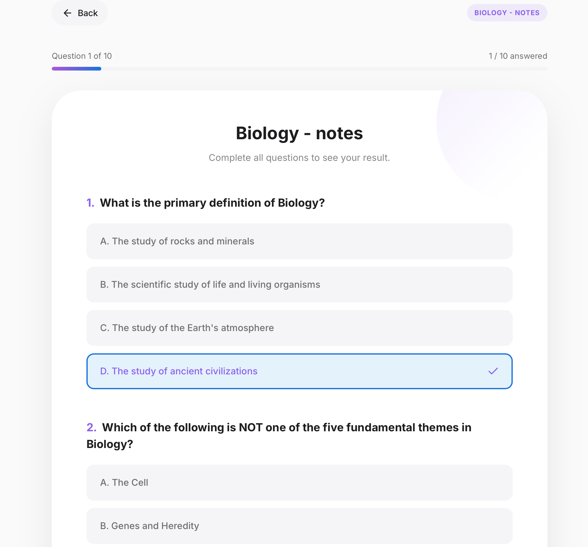 LectureScribe improved quiz interface showing clean question cards with multiple choice options and real-time feedback