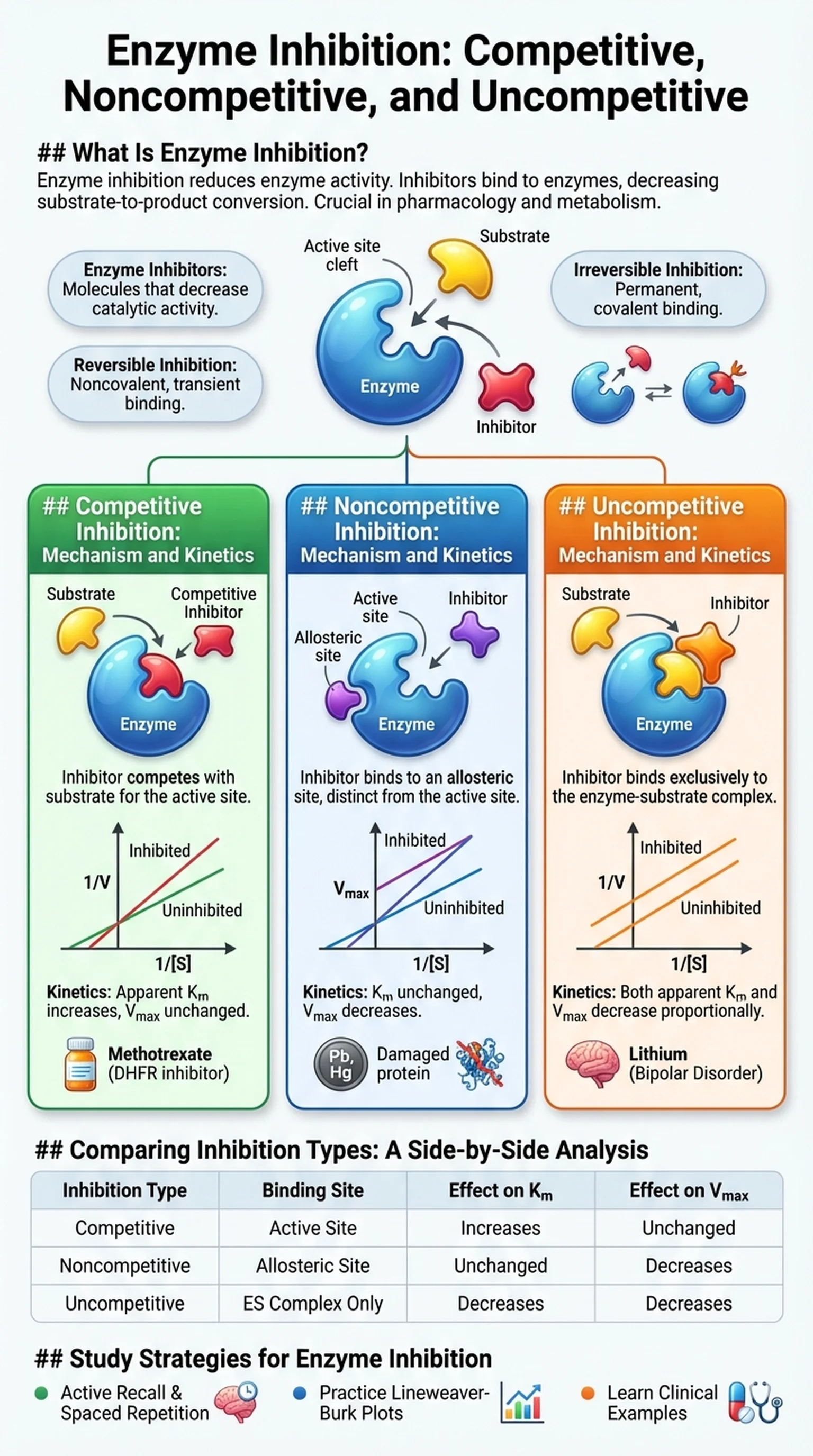 Enzyme inhibition comparison diagram showing competitive, noncompetitive, and uncompetitive inhibition with Lineweaver-Burk plot patterns